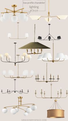 an array of chandeliers with different lighting shades and lamps hanging from the ceiling