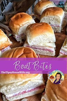 The photo shows little sandwiches made with Hawaiian Dinner roles, cold cuts, cheese and your choice of toppings. The brightly colored banner displays the name of the recipe, "Boat Bites." Easy To Go Sandwiches For Cooler, Hawaiian Roll Sliders Make Ahead, Easy Hawaiian Roll Sandwiches, Make Ahead Hawaiian Roll Sandwiches, Deli Sliders Cold, Make Ahead Slider Sandwiches, Cold Meat Sliders, Boat Day Sandwiches, Picnic Sliders Hawaiian Rolls Cold