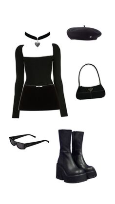 a woman's black outfit and accessories are arranged in the shape of a heart