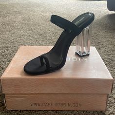 Black, Size 6.5, Clear Heel Casual Party Heels With Rubber Heel Cap, Black Synthetic Heels With Contrasting Heel Counter, Black Sandals With Contrasting Heel Counter For Night Out, Black Sandals With Contrasting Heel For Night Out, Black Heels With Strap, Clear Chunky Heels, Gold Shoes Heels, Rose Gold Heels, Purple Heels