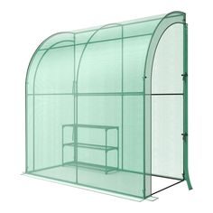 a green greenhouse with the door open and shelves below it, in front of a white background