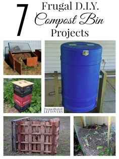 several different types of composting bins with text overlay that says 7 frugal diy composted bin projects