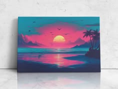 a painting of a sunset over the ocean with birds flying in the sky above it