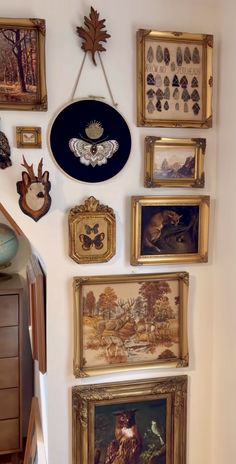 there are many framed pictures on the wall