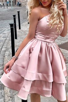 Pink Prom Dresses Short, Modest Homecoming Dresses, One Shoulder Homecoming Dress, Shorts Rosa, Simple Homecoming Dresses, Mini Dress Hot, Formal Ball Gown, Satin Homecoming Dress