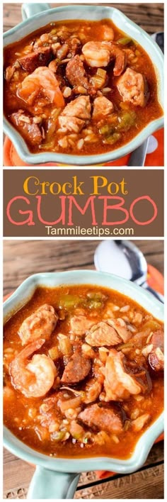 two pictures of food in a bowl with the words crock pot gumbo