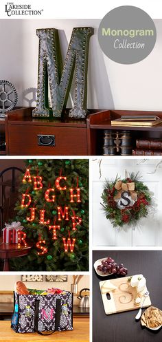 the monogram collection includes letters, wreaths, and other decorative items for christmas