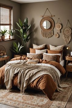 a bed with brown sheets and pillows in a bedroom next to a potted plant