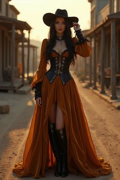 Shine like the setting sun in this golden velvet dress, blending western charm with a hint of gothic flair. Lace details, a bold belt, and a wide-brimmed hat complete this warm, radiant look. 🌟👢 #GoldenDusk #WesternGlam #VelvetElegance #FallFashion #GoldenHour #WitchyVibes Western Corset Outfit, Stylish Western Outfits Women, Wild West Outfit Women, Western Gothic Fashion, Western Gothic Aesthetic, Western Gala, Goth Country, Cowboy Outfits For Women, Wild West Outfits