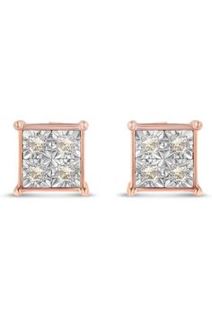 This Pair Of Simple And Elegant Stud Earrings Will Impress All Who See It. It Features Rose Plated Sterling Silver With Eight Fragments Of Princess-Cut Diamonds Arranged In A Miracle Setting. A Miracle, Princess Diamond, Princess Cut Diamonds, Princess Cut, See It, Quad, Jewelry Earrings, Diamonds, Plating