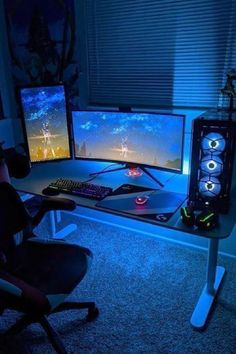 a computer desk with two monitors and a keyboard