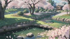 an image of a japanese garden with flowers and trees in the foreground, near a pond