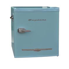 an old fashioned blue refrigerator with chrome handles and knobs on the front, isolated against a white background