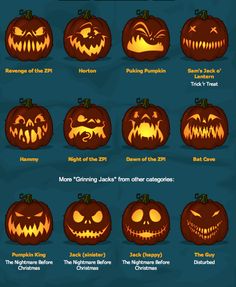 halloween pumpkins with different faces and names