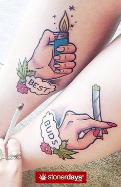 two tattoos on the legs of people with candles and flowers in their hands, one holding a lighter