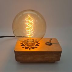 a light bulb sitting on top of a wooden box