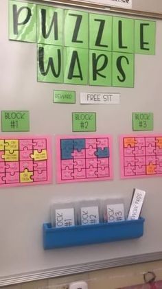 a bulletin board with puzzle wars written on it