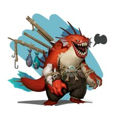 a cartoon character with an evil face and big teeth holding two fishing rods in his hands