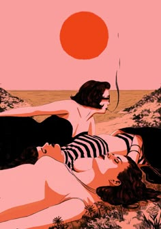 two women laying on the ground in front of an orange and pink sky