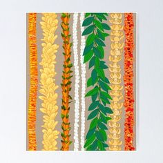 an abstract painting with different colors and sizes of leaves on the bottom half of it