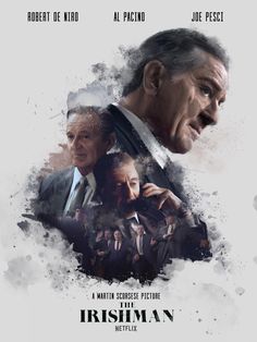 the irishman movie poster with two men in suits, one looking at another man