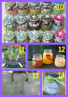 mason jars filled with flowers and ribbons are shown in this collage, along with the numbers