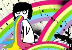 a cartoon character holding a rainbow colored object in front of a colorful background with splots