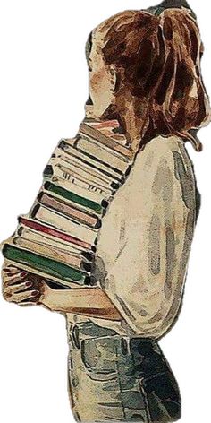 a drawing of a boy holding books in his arms and looking at the viewer's eye