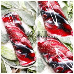 three pictures of red and black liquid on leaves