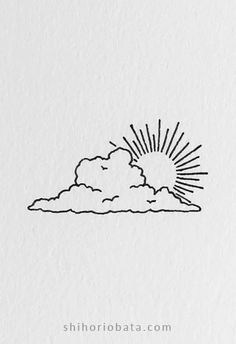 a black and white drawing of the sun behind clouds