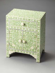 Bone Inlay Floral One Drawer Two Door Bedside Table Green Green Bedside Table, Bone Inlay Nightstand, Bone Inlay Bedside Table, Bedside Table Design, Bone Inlay Furniture, Console Tv, Inlay Furniture, Accent Chest, Bedside Night Stands