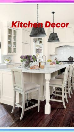 a large kitchen with white cabinets and an island in front of the stove top oven