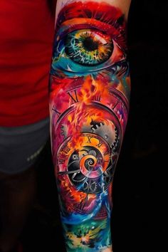 a person with a tattoo on their arm has an eye and clock in the background