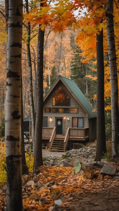 a cabin in the woods surrounded by trees with fall leaves on the ground and stairs leading up to it