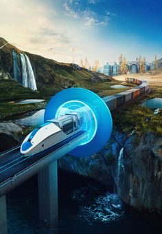 a futuristic train traveling over a bridge in the middle of a river with a waterfall behind it