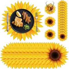 sunflowers and other items are arranged on the table to create an artistic display