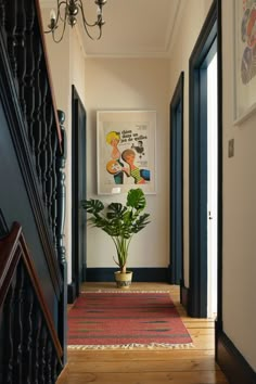 an entry way with a potted plant on the rug and framed pictures above it