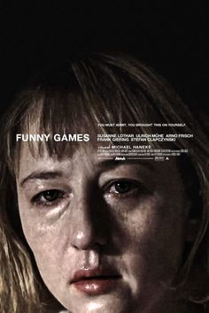 a poster for the movie funny games with a woman's face covered in tears