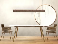 a dining table with two chairs and a round mirror on the wall above it, in front of a wooden floor