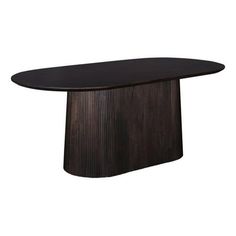 an oval dining table with black wood grained finish on the top and base, in front of a white background