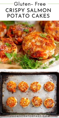 gluten - free crispy salmon potato cakes on a baking sheet and in a pan