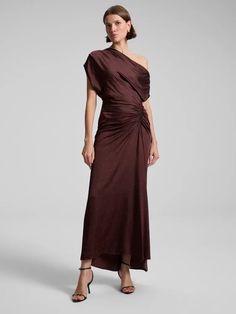 Brown embellished satin maxi winter mother of the groom dress from A.L.C. 2025 Fashion, Draped Neckline, Brown Satin, Handmade Dress, Satin Maxi, Satin Maxi Dress, Handmade Dresses