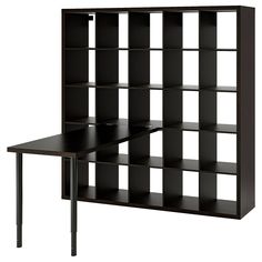 a black bookcase with several shelves on each side