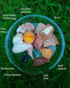 a glass bowl filled with meats and eggs on top of green grass next to blueberries