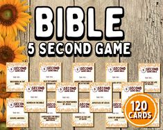 the bible 5 second game is shown with sunflowers on it and an orange background