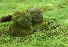 two moss covered heads are sitting in the grass