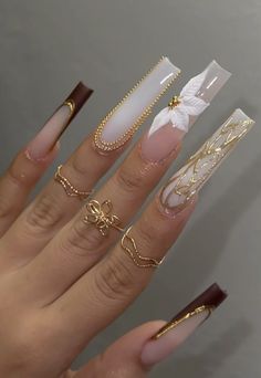 Light Brown And Gold Nails, Birthday Nails White And Gold, Light Brown Acrylic Nails, Gold Acrylic Nail Designs, White And Brown Nails, Light Tattoo, Nagel Tips, Her Nails