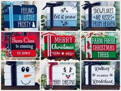 christmas signs are displayed in different styles and colors, including snowman, santa clause, farm fresh, tot