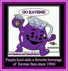 a purple cartoon character holding up a mug with the words go ravenns on it