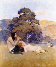 a painting of a woman laying on the ground next to a dog and a tree